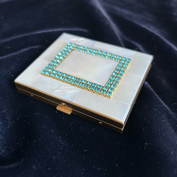 Accessories - Vintage 50s Mother of Pearl Compact Mirror with Blue Rhinestone